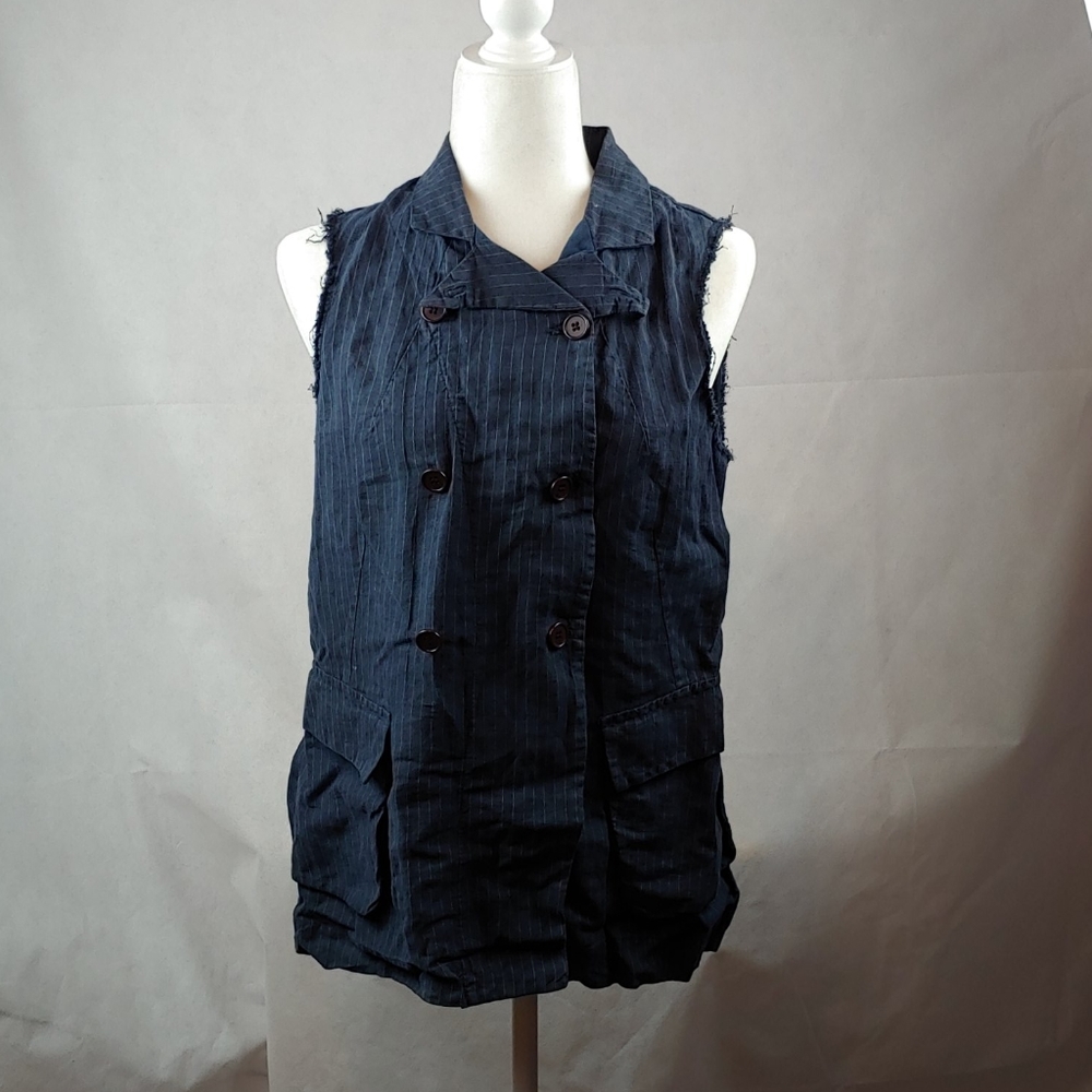 Double-Breasted Navy Pinstripe Sleeveless Vest